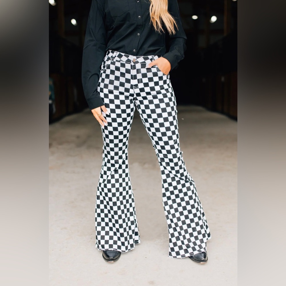 Ranch Dressn Finish Line Fast Lane Checkered Super Flares Flare Denim Jeans 00🏁